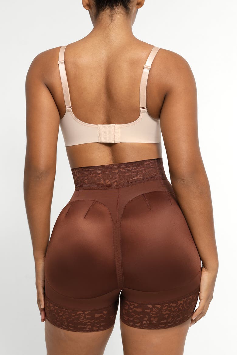 Mid-Rise Steel Boned Butt-Lifting Shorts, Alternate, color, Chocolate