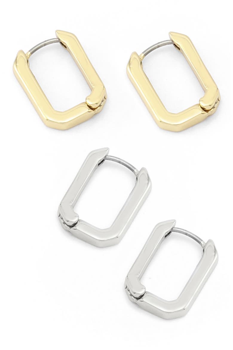 Set of 2 Two-Tone Hex Huggie Hoop Earrings, Main, color, GOLD/ RHODIUM