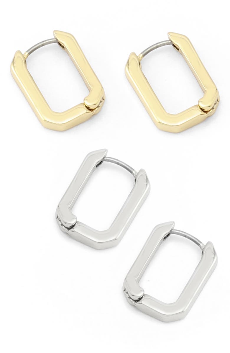 AllSaints Set of 2 Two-Tone Hex Huggie Hoop Earrings, Main, color, Gold/ Rhodium
