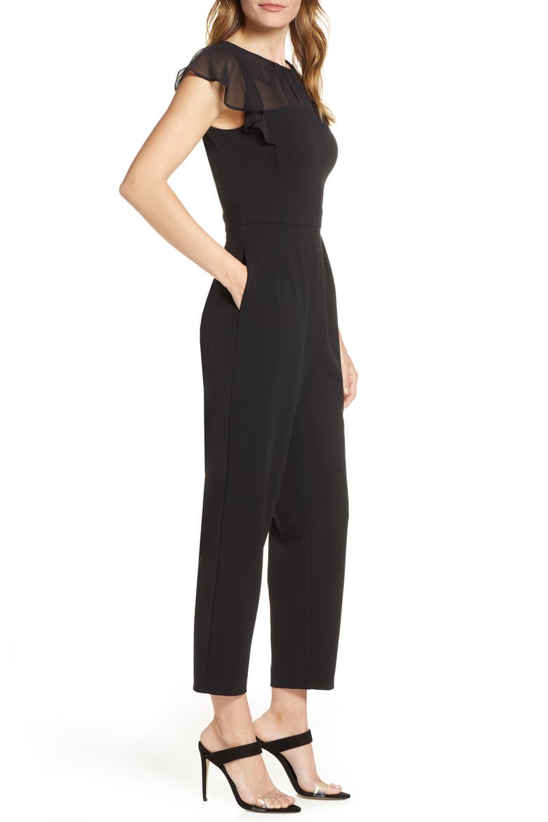 Gathered Illusion Neck Jumpsuit, Alternate, color, BLACK