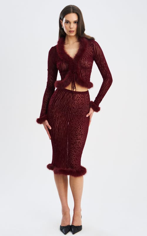 Miss Circle Halii Burnout Velvet Mesh Fur Trim Top In Burgundy