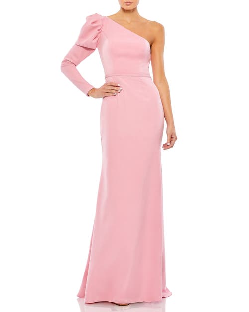 Mac Duggal One-shoulder Gown With Dramatic Puff Sleeve And Thigh-high Slit In Pink