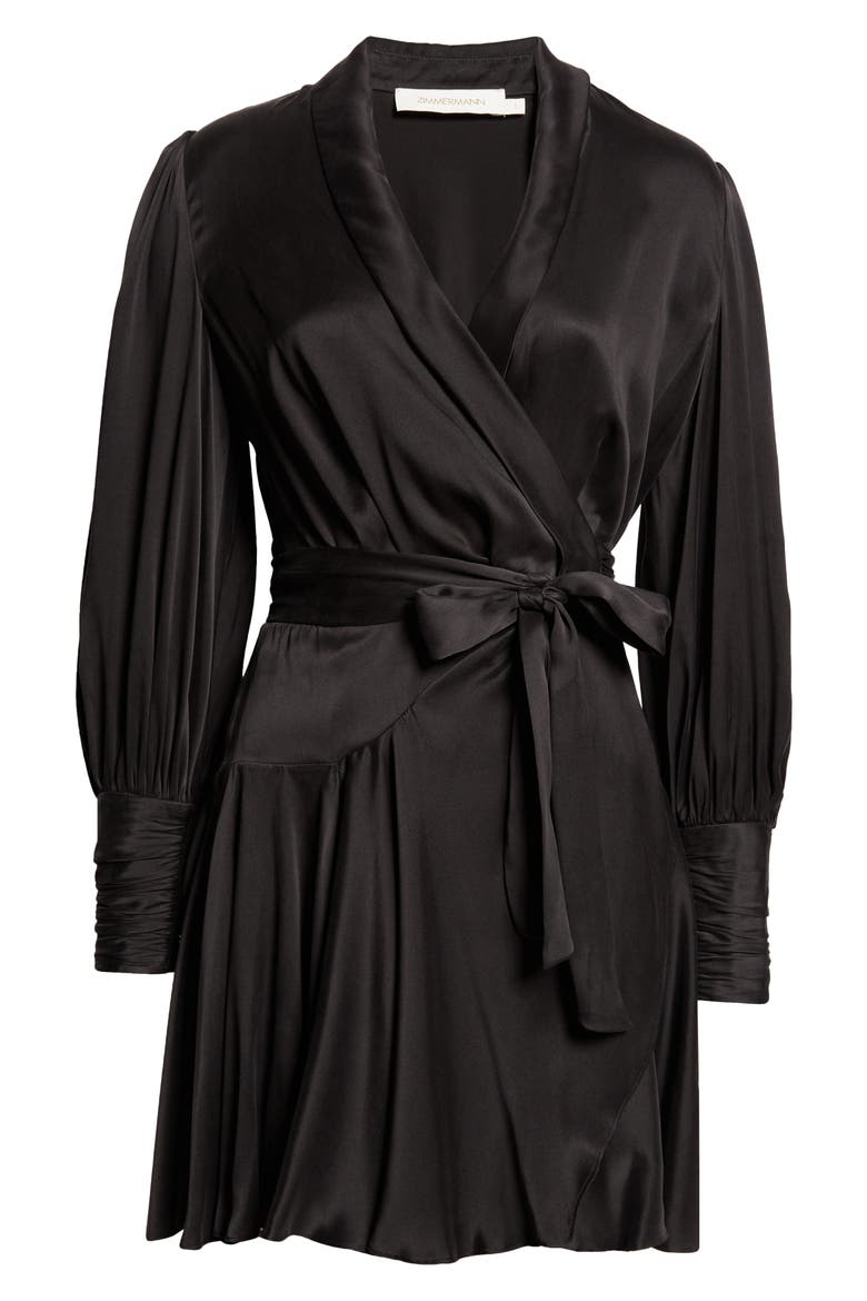 Long Sleeve Silk Wrap Minidress, Alternate, color, BLACK