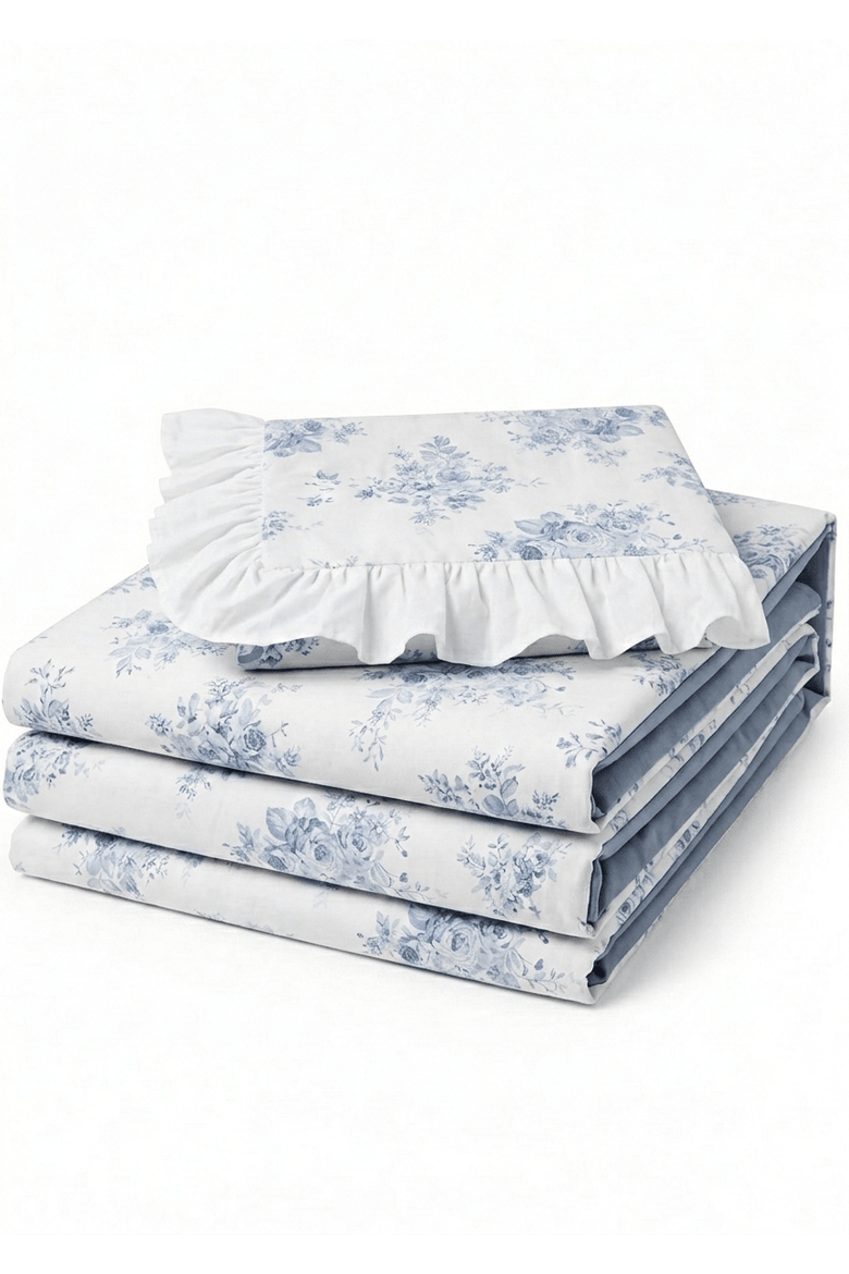 French Ruffle Floral Bedding Set, Alternate, color, Blue Floral / Flat