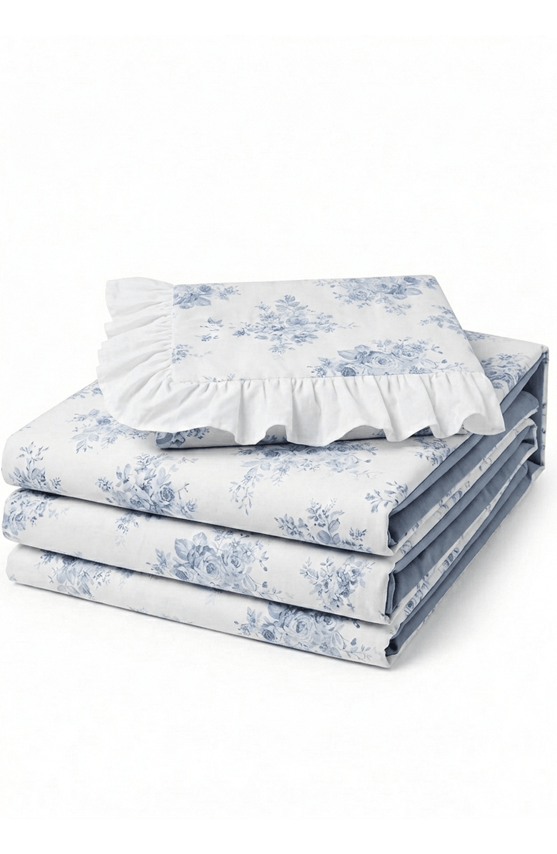 Ever Lasting French Ruffle Floral Bedding Set, Alternate, color, Blue Floral / Flat