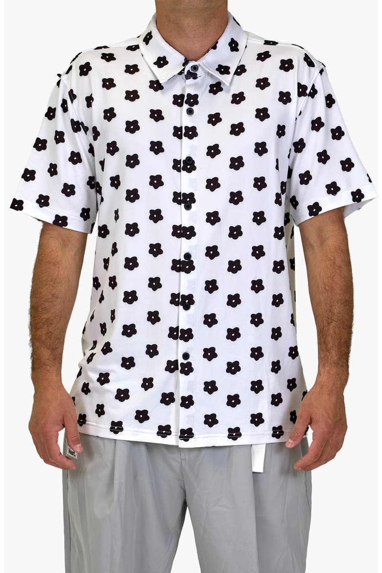 Flower Power Aqua Terra Performance Short Sleeve Button-Up Shirt, Main, color, WHITE