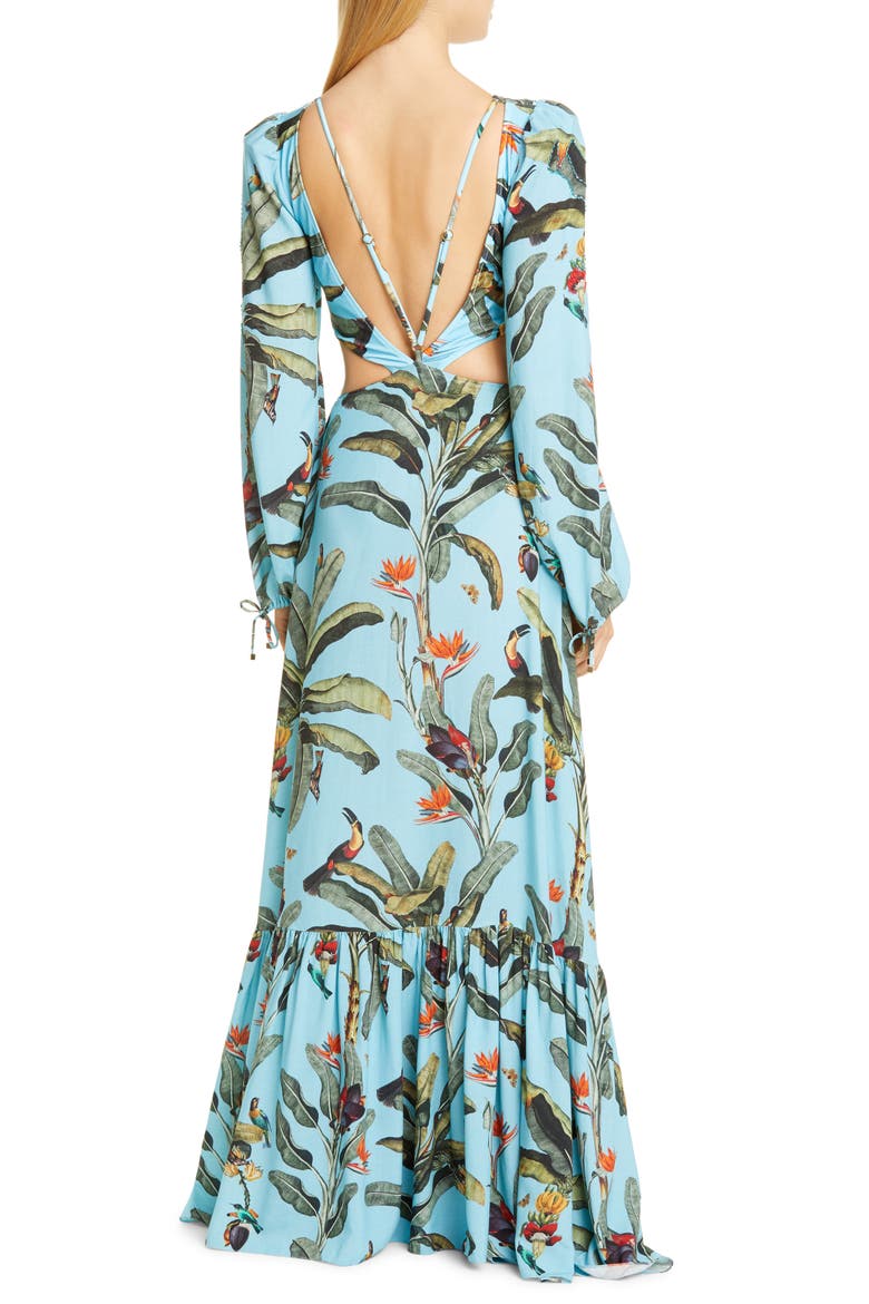 Tropical Long Sleeve Cutout Gown, Alternate, color, CERULEAN