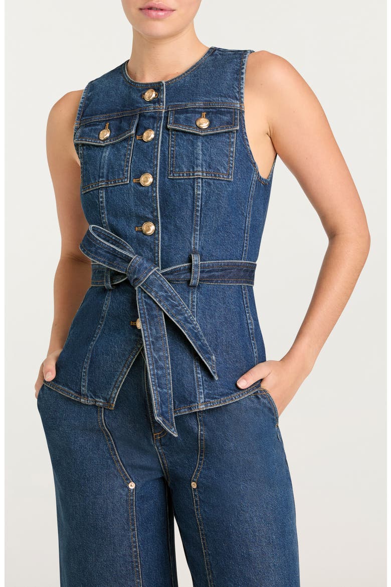 Reenee Tie Waist Denim Vest, Main, color, TIDE