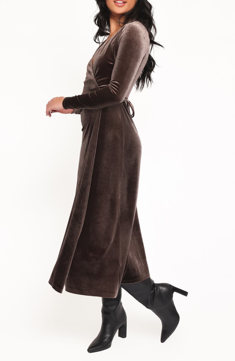 Petal & Pup Darby Long Sleeve Velvet Midi Wrap Dress, Alternate, color, Dark Brown