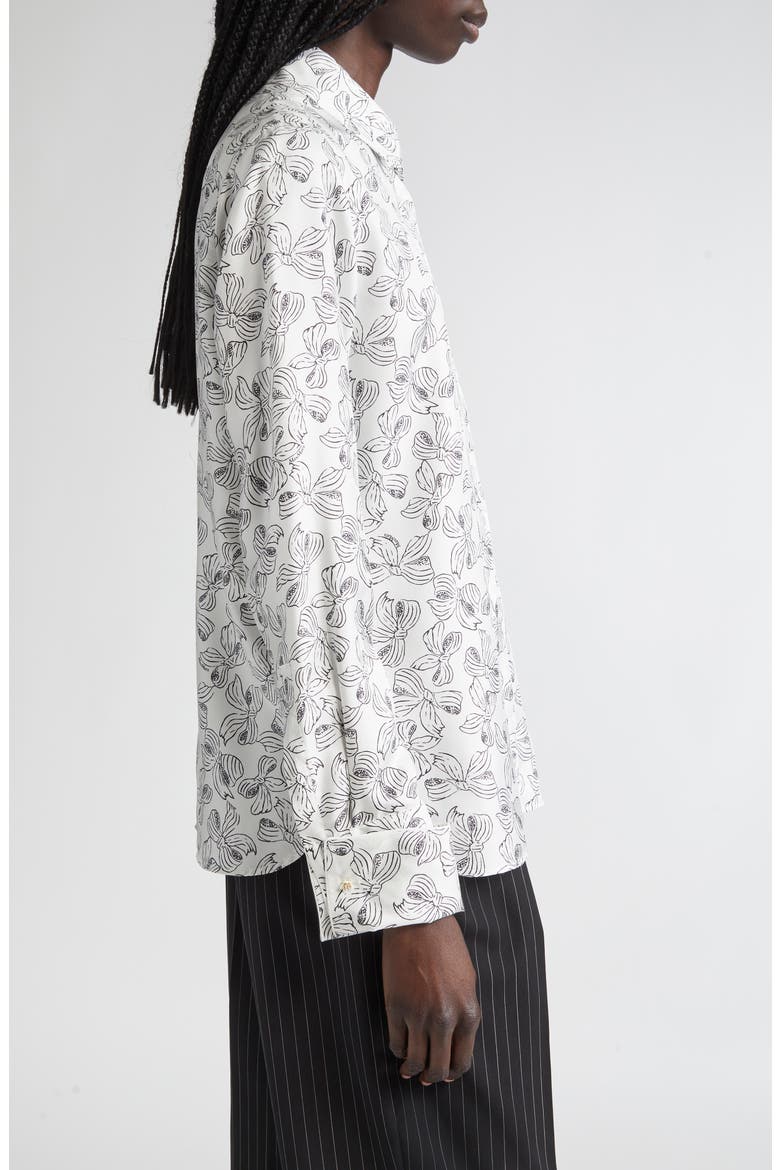 Rodesia Bow Print Silk Twill Button-Up Shirt, Alternate, color, WHITE BLACK