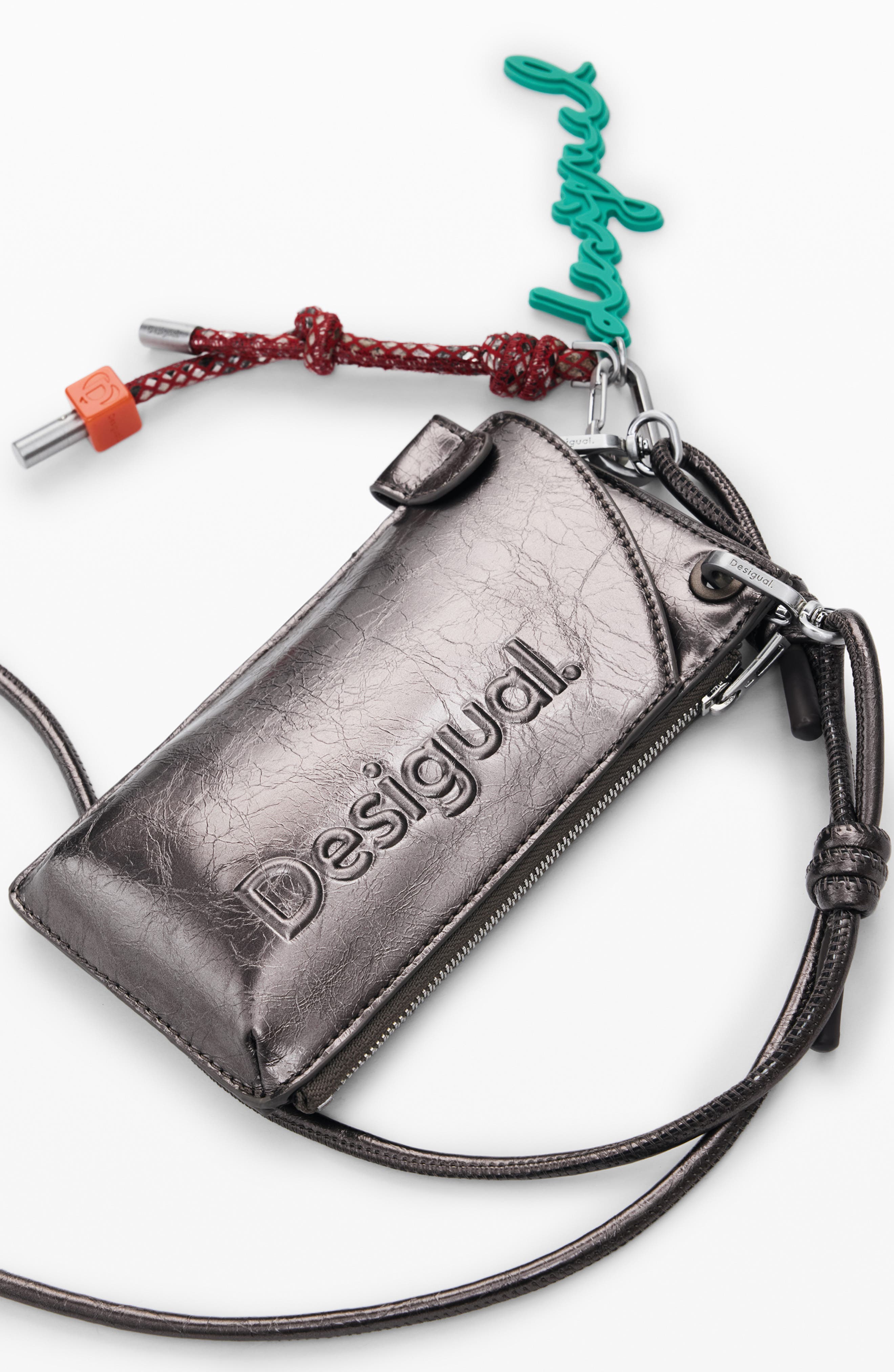 Desigual Metallic Faux Leather Crossbody Wallet, Alternate, color, Silver