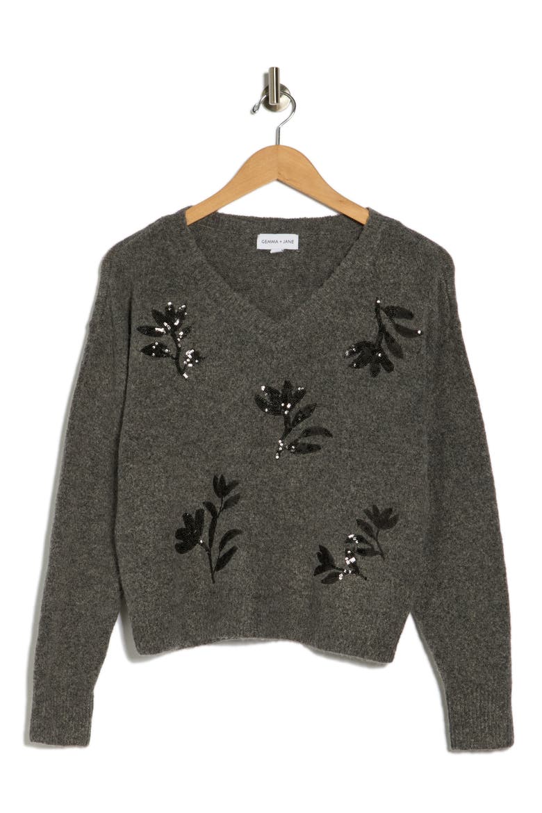 Floral Sequin V-Neck Sweater, Alternate, color, CHARCOAL