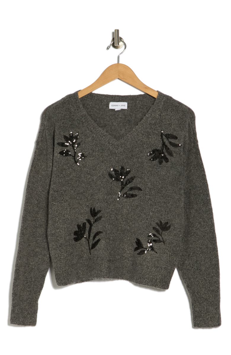 Gemma + Jane Floral Sequin V-Neck Sweater, Alternate, color, Charcoal