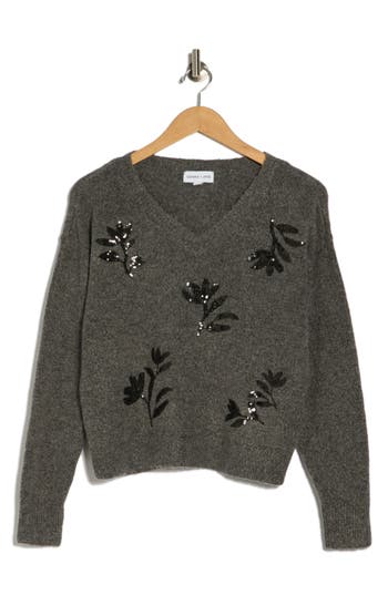 Gemma + Jane Floral Sequin V-neck Sweater In Gray