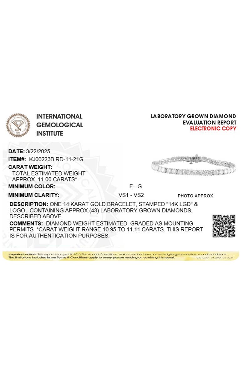 IGI Certified 14K White Gold 11.0 Cttw Lab Grown Diamond Tennis Bracelet, Alternate, color, White Gold