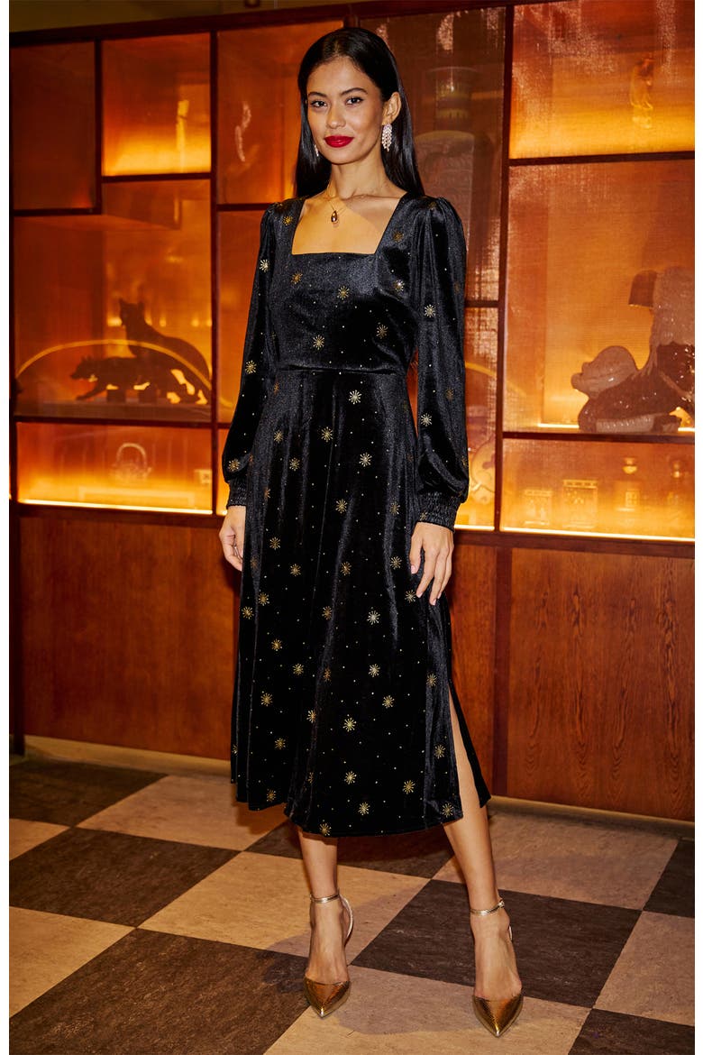 Foil Print Velvet Midi Dress, Alternate, color, Black