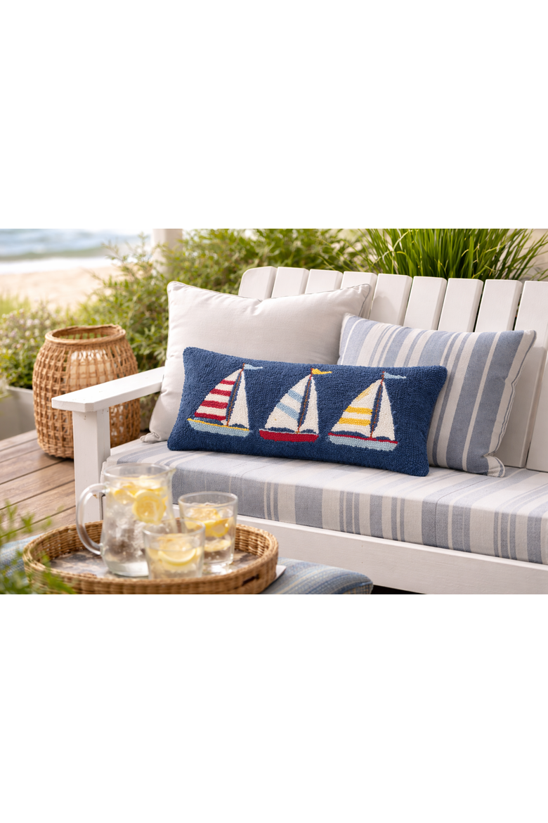 Sailboat Trio Blue Hooked Lumbar Accent Pillow 10" x 20", Alternate, color, Blue