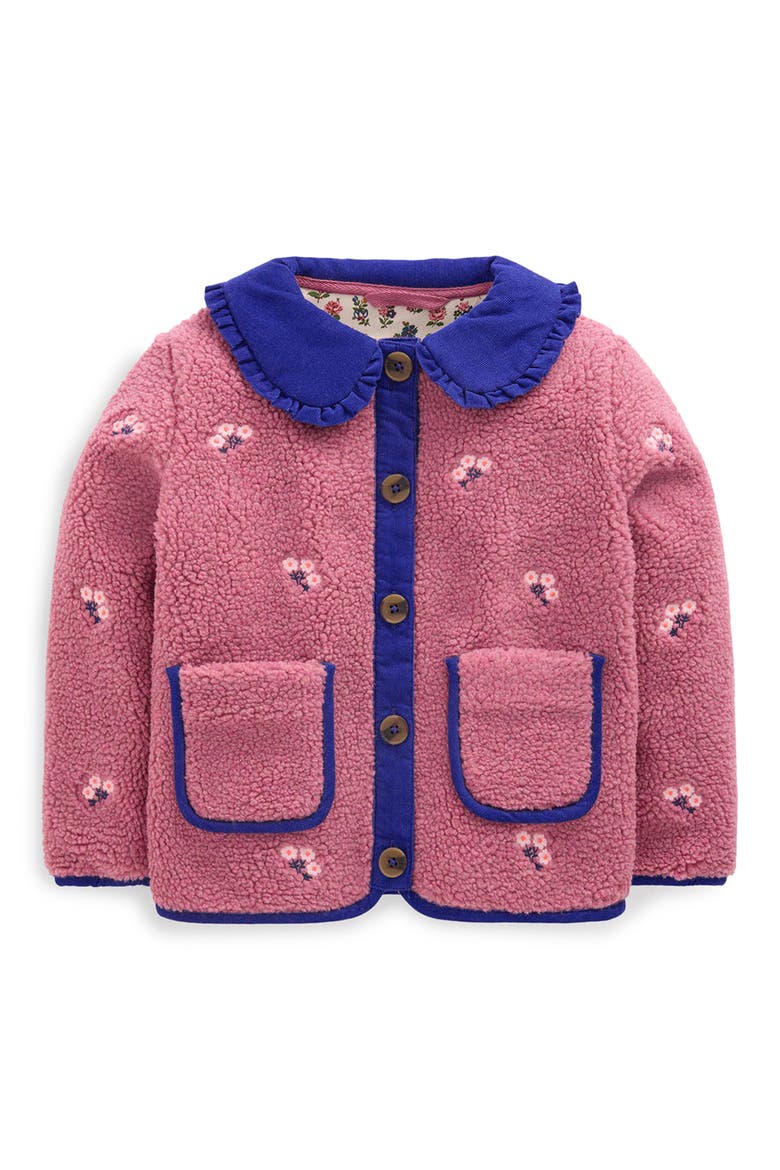 Kids' Embroidered High Pile Fleece Jacket, Main, color, PINK HEATHER FLORAL EMBROIDERY