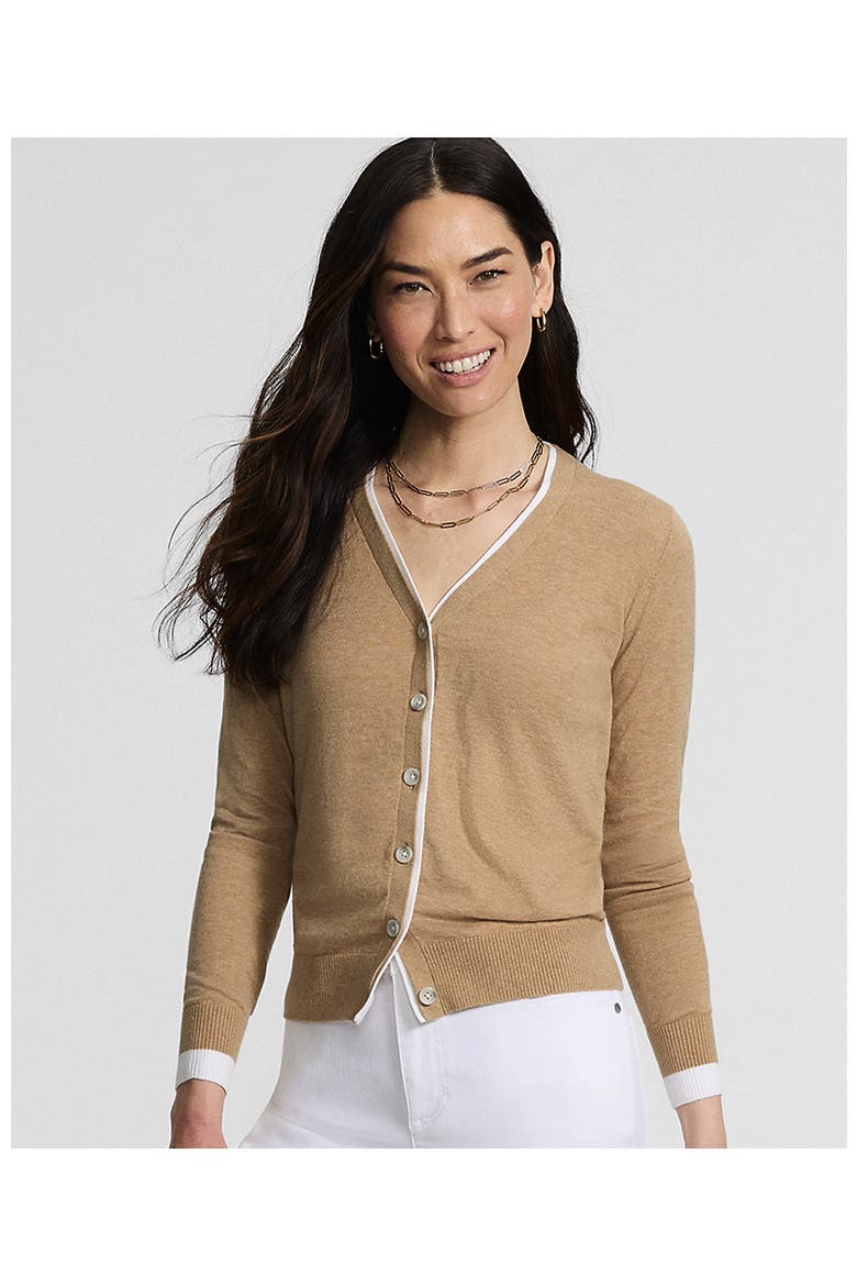Double Trim Cotton V Neck Cardigan Sweater, Alternate, color, Vicuna Heather/White