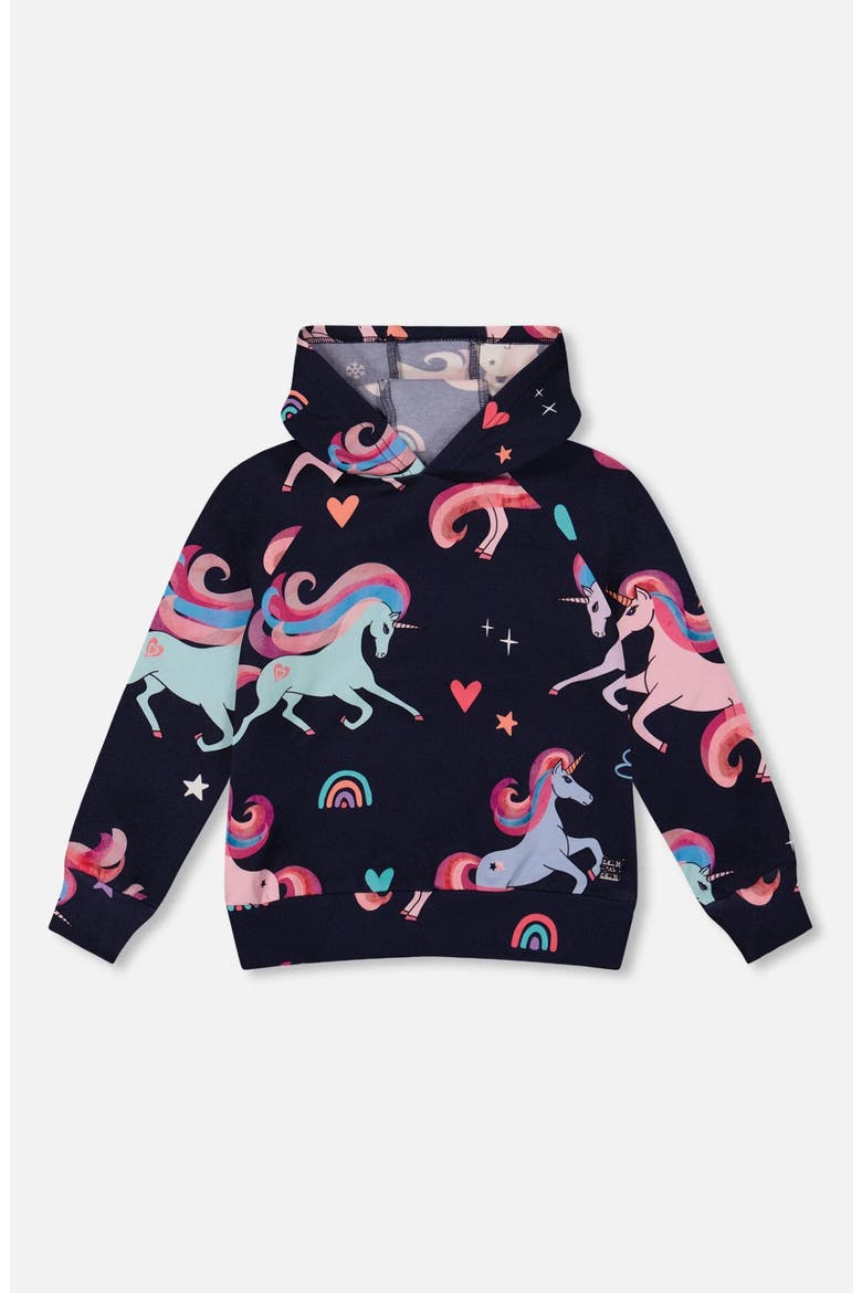 Pullover Fleece Hoodie Unicorn, Main, color, Navy