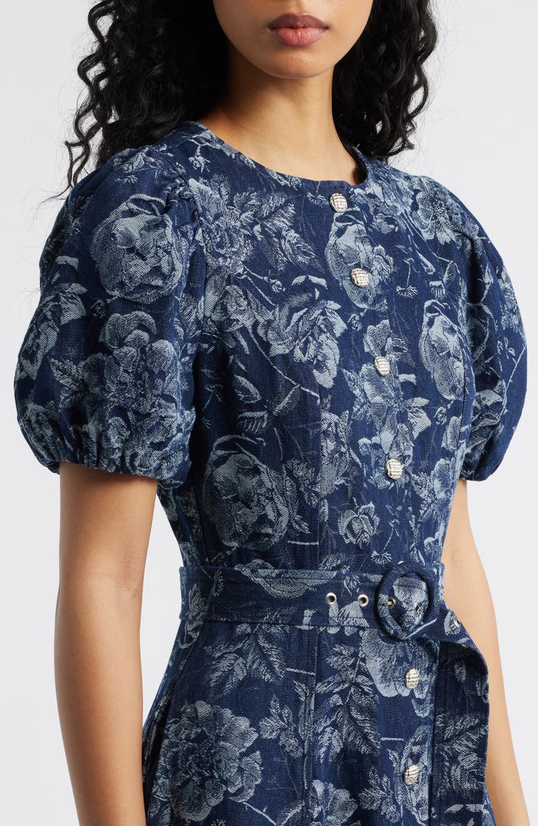 FREEMARKET Belted Puff Sleeve Denim Dress, Alternate, color, 