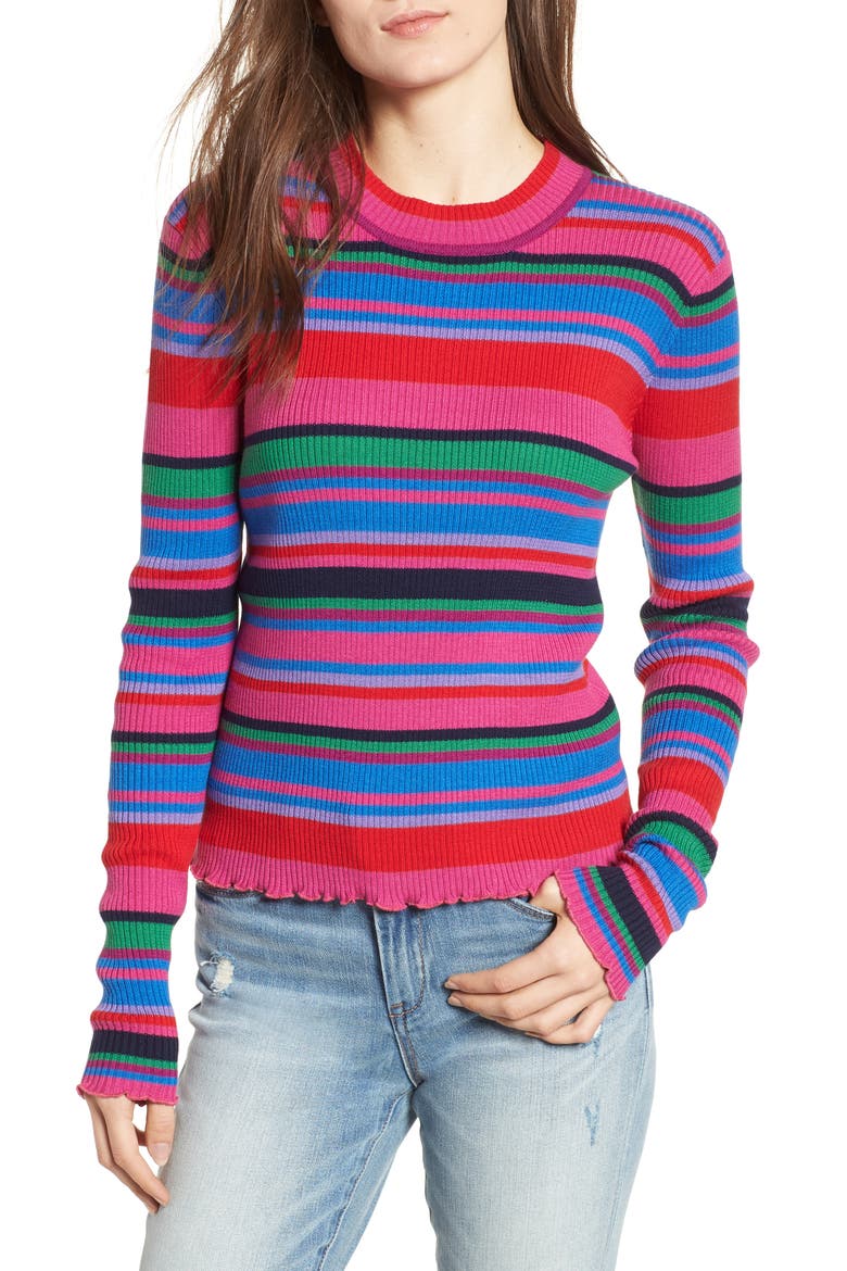 Ribbed Lettuce Edge Stripe Sweater, Main, color, PINK CYCLMAMEN MULTI STRIPE