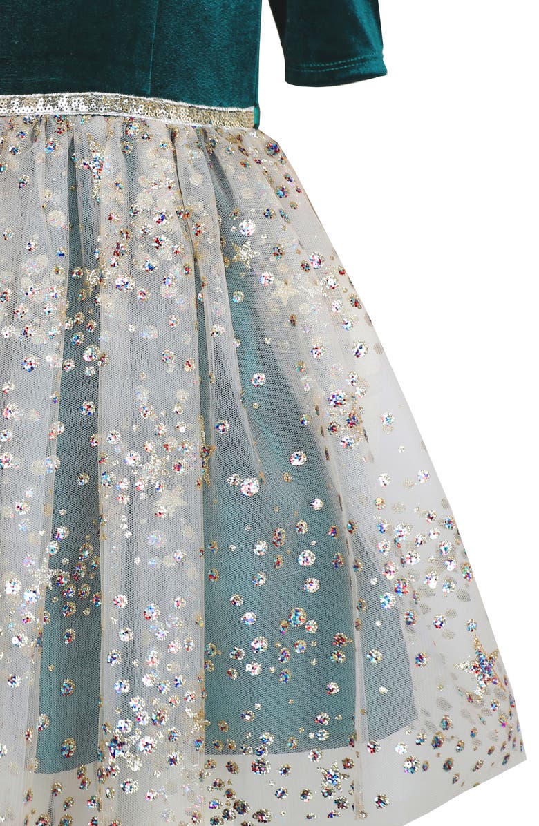Zunie Kids' Sequin Velvet & Mesh Party Dress, Alternate, color, Hunter / Gold
