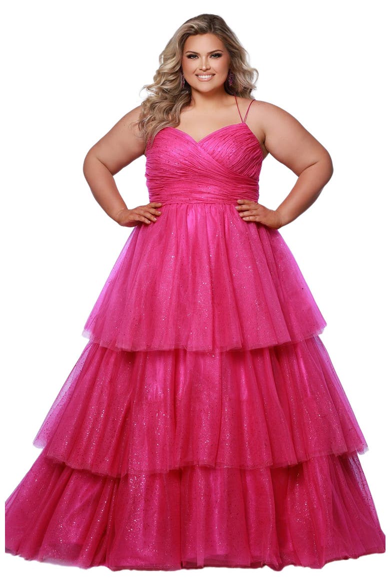 Spaghetti Strap Teired Plus Size Ballgown, Alternate, color, Pink