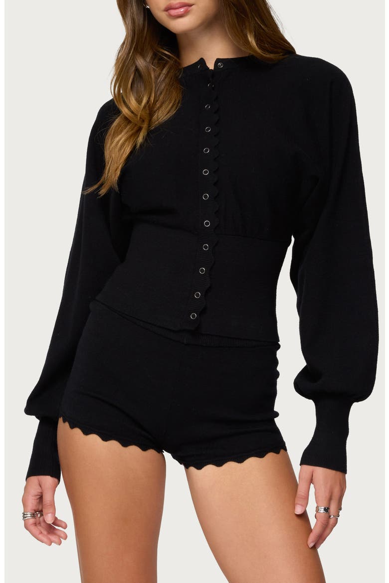 Maizy Puff Sleeve Scallop Detail Cardigan, Main, color, BLACK