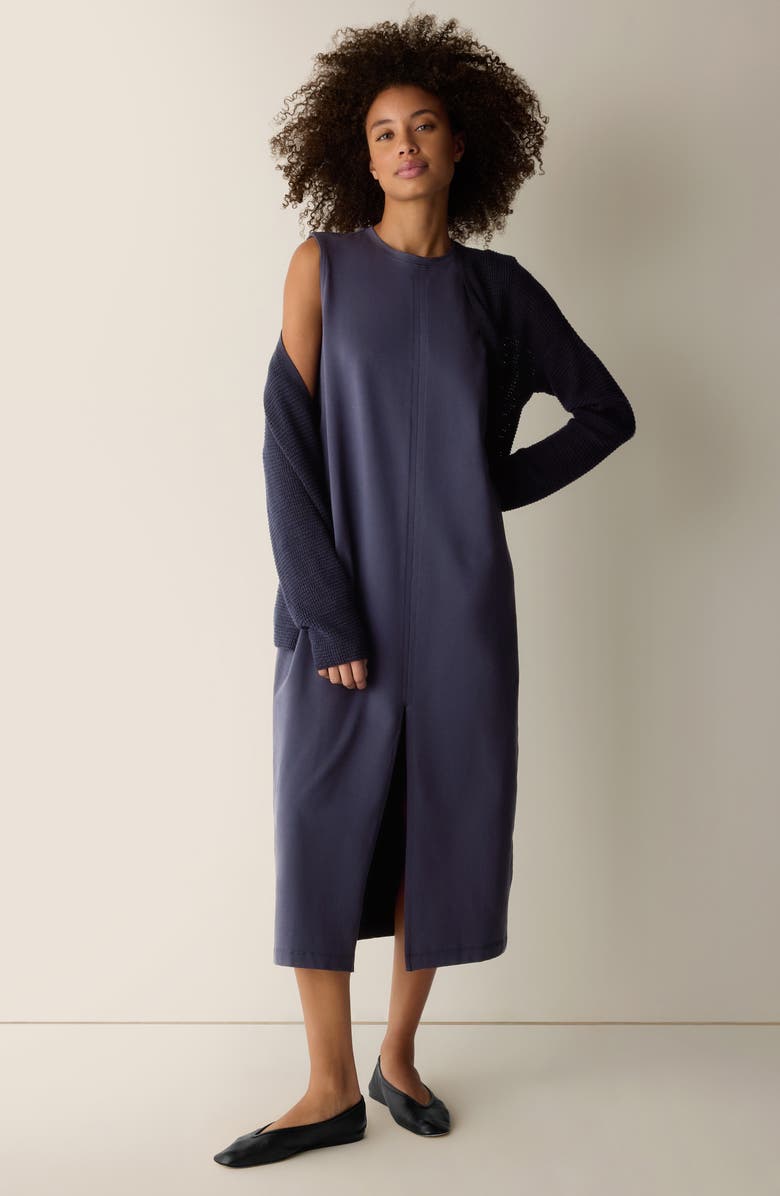 Eileen Fisher Crew Neck Front Slit Midi Dress, Alternate, color, Ink