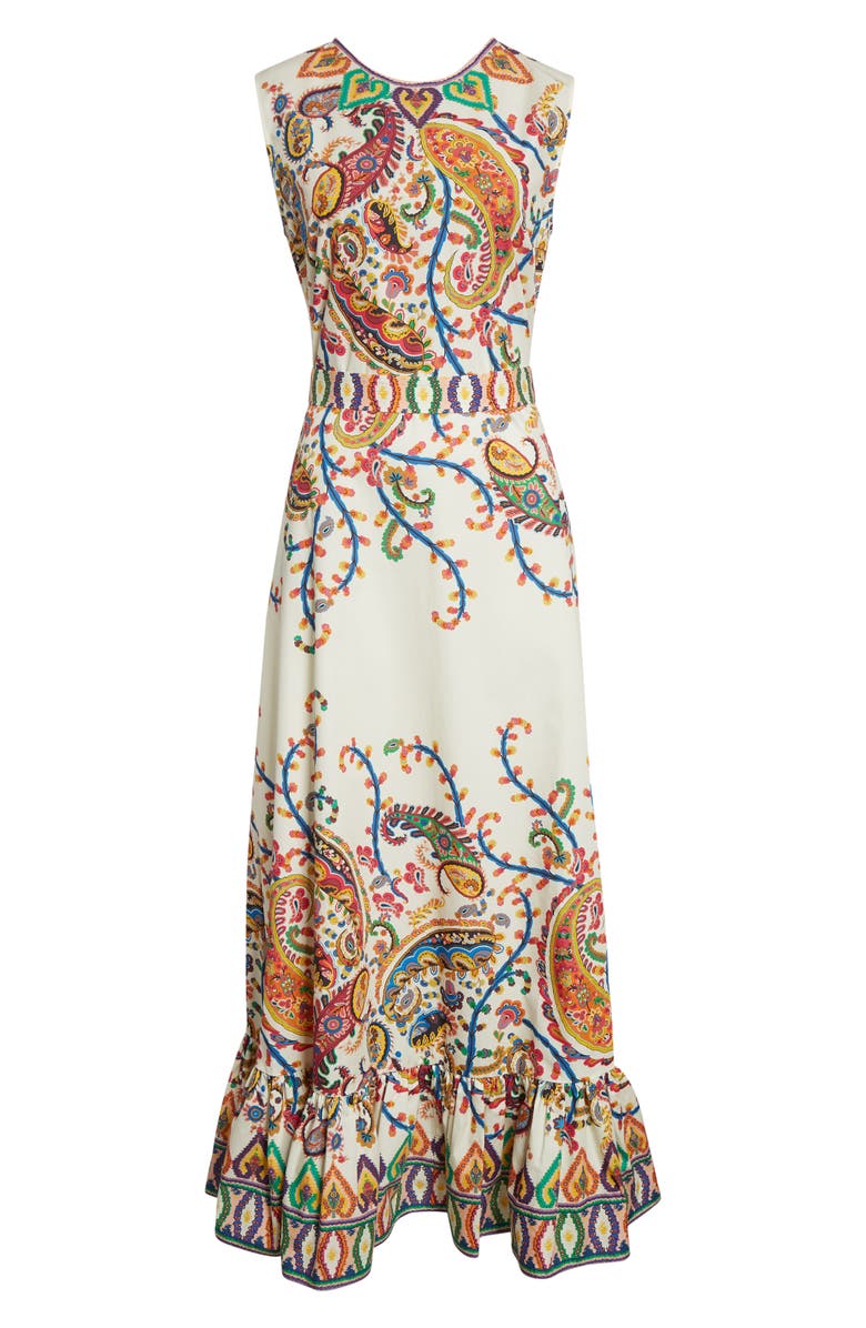 Etro Floral Paisley Belted Cotton Poplin Fit & Flare Dress, Main, color, Print On White Base