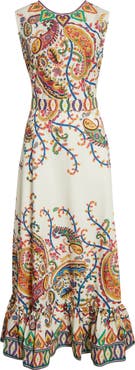 Etro Floral Paisley Belted Cotton Poplin Fit & Flare Dress