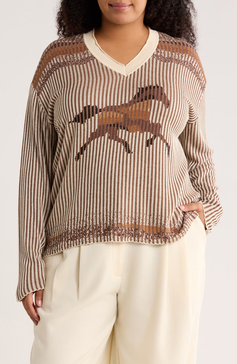 DR2 by Daniel Rainn Horse V-Neck Sweater, Main, color, Q670 Ivory/ Chocolate