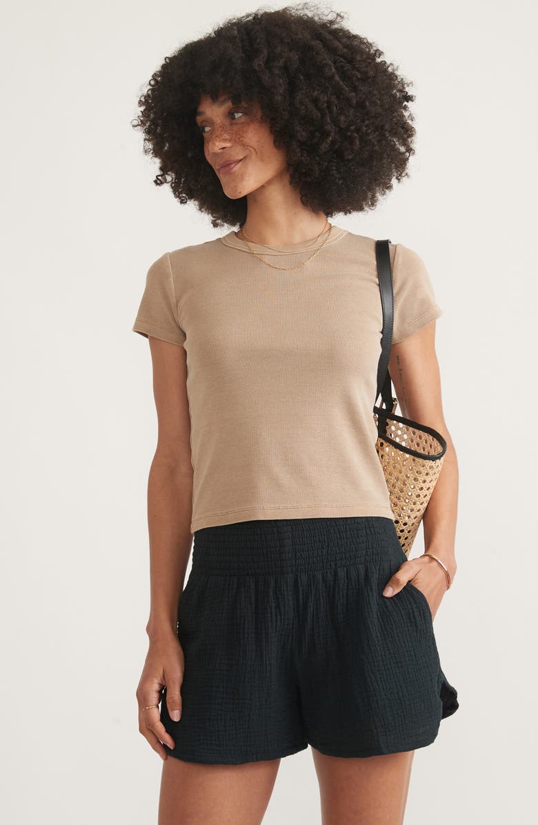 Marine Layer Corinne Smocked Double Cloth Cotton Shorts, Alternate, color, 