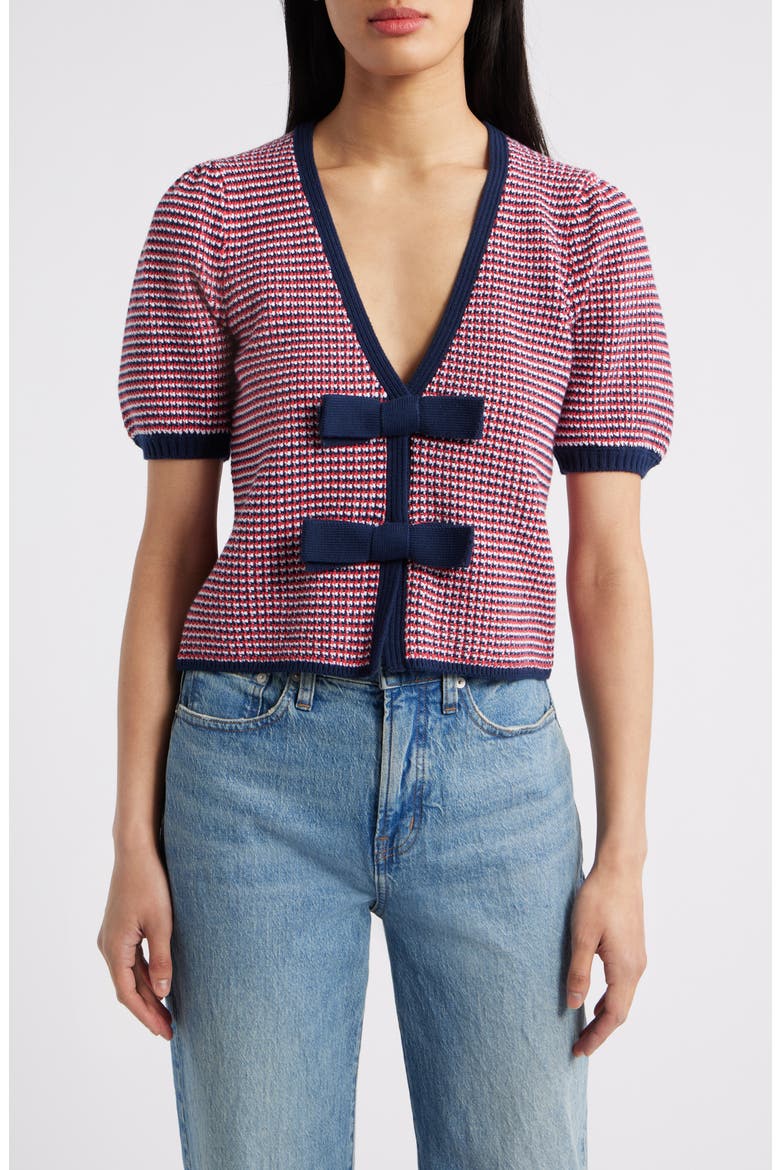 Elaine Bow Front Puff Sleeve Cardigan, Main, color, TOMATO MULTI