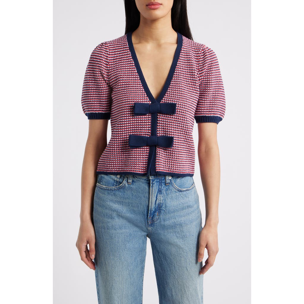 525 Elaine Bow Front Puff Sleeve Cardigan In Tomato Multi