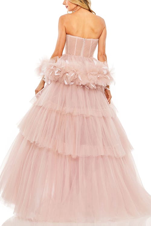 Mac Duggal Strapless Tulle Gown With Feather Detail In Rose