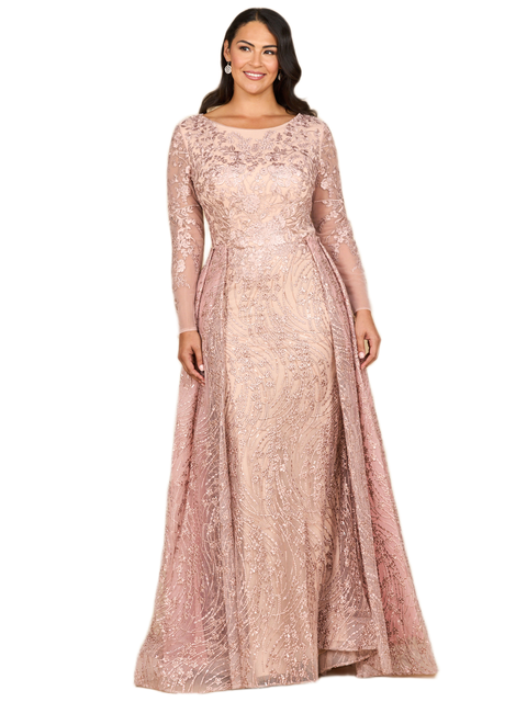 Long Sleeve Gown with Overskirt & Illusion Neckline