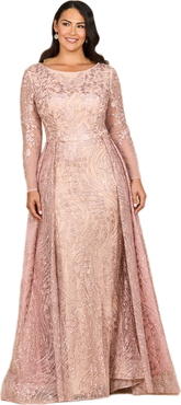 LARA New York Long Sleeve Gown with Overskirt & Illusion Neckline