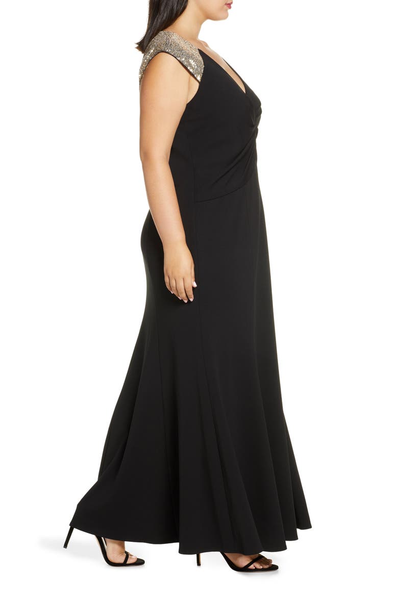 Sequin Yoke Scuba Crepe Trumpet Gown, Alternate, color, BLACK GOLD