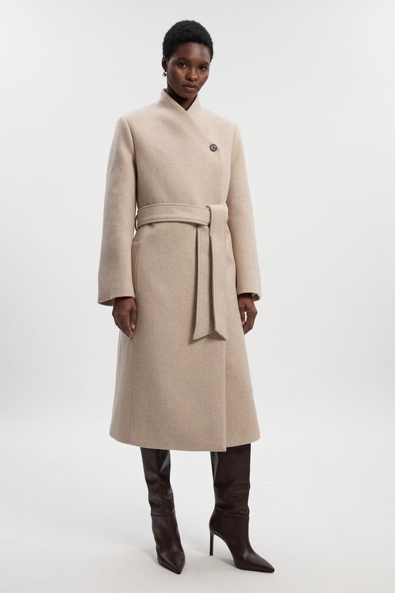 Wool Wrap Neck Tailored Belted Midi Coat, Main, color, Oatmeal