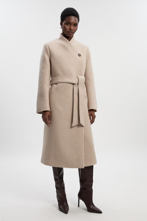 Wool Wrap Neck Tailored Belted Midi Coat