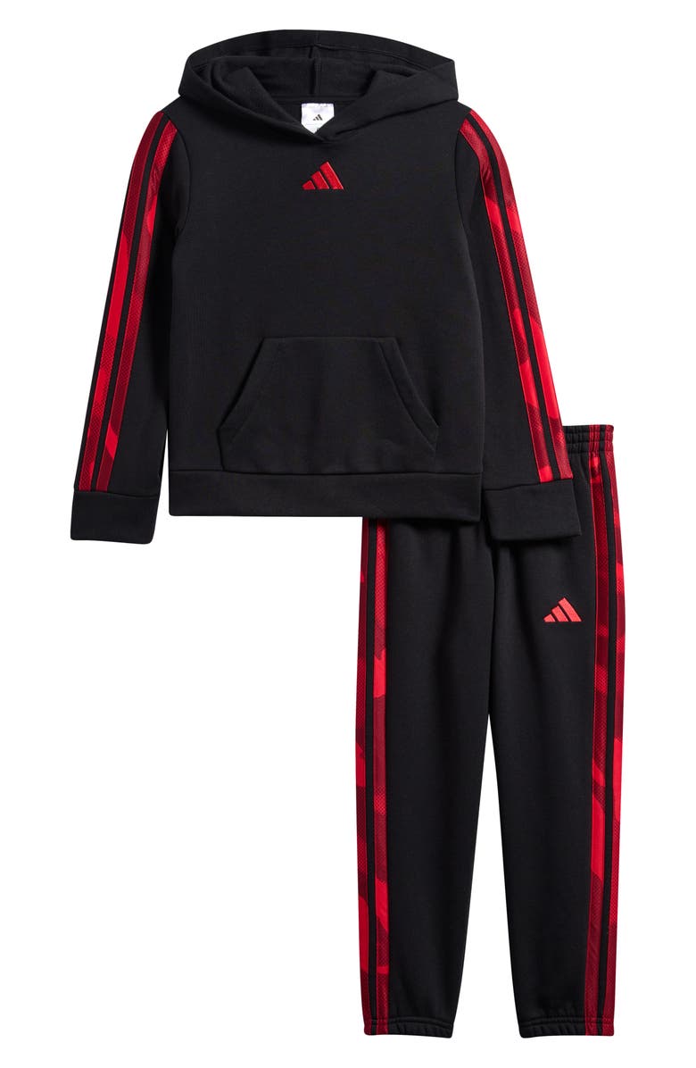 adidas Camo 3-Stripe Pullover Hoodie and Jogger Pants Set, Main, color, Black/ Red