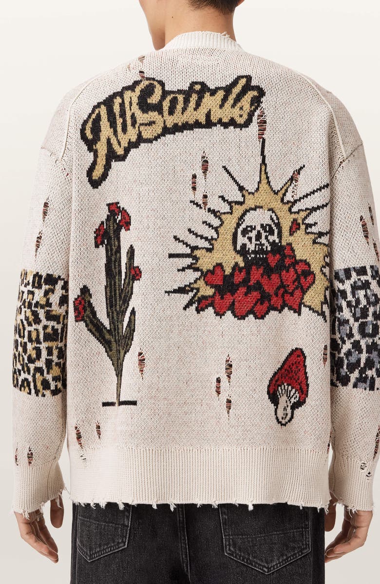 AllSaints Foxx Distressed Jacquard Graphic Cardigan, Alternate, color, Ecru White