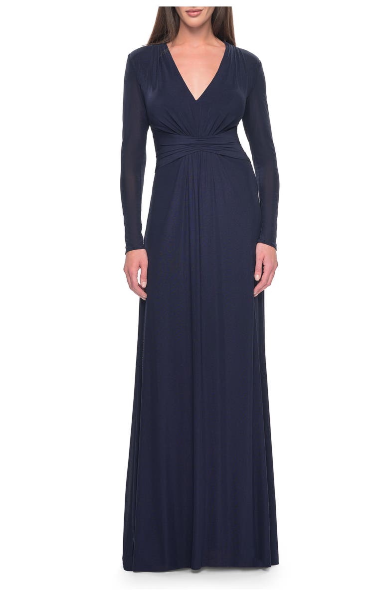 La Femme Long Sleeve Jersey Evening Dress with Ruching Detail, Main, color, Navy