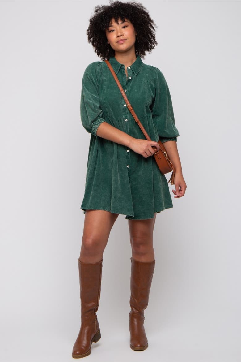 Corduroy Button Down Collared Dress, Alternate, color, Green