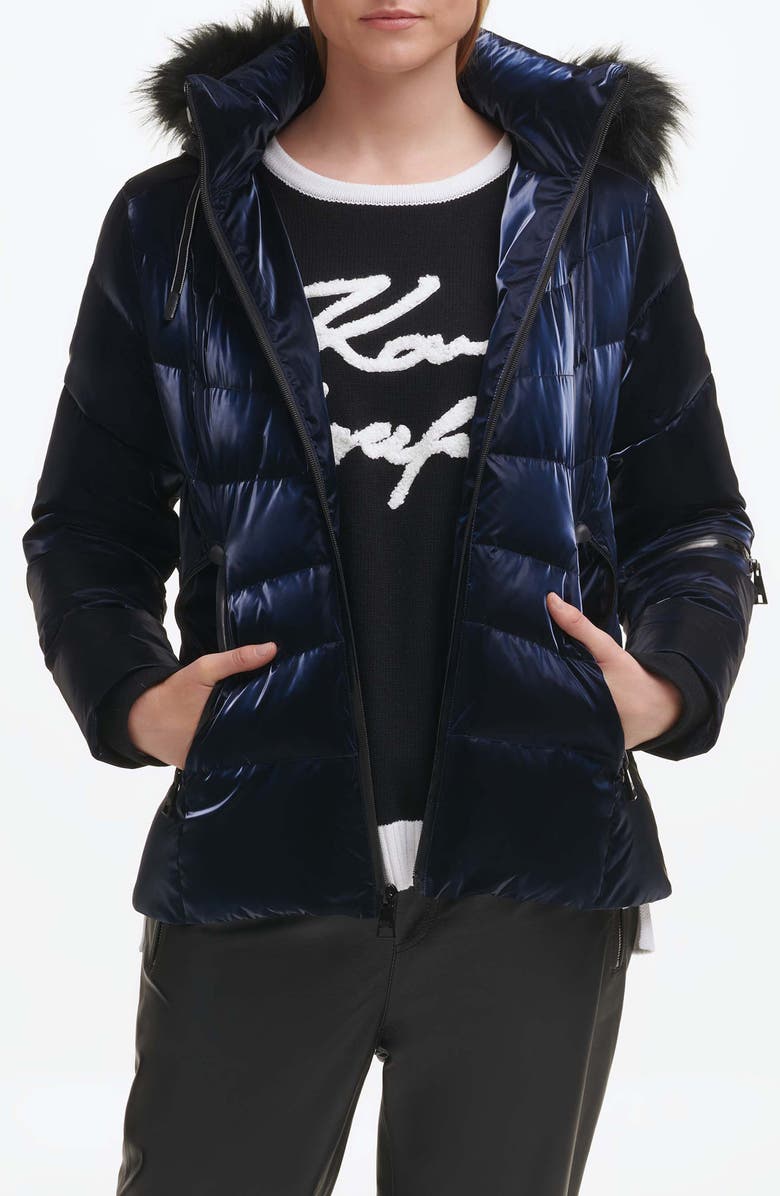 KARL LAGERFELD PARIS Faux Fur Trim Puffer Jacket, Main, color, 