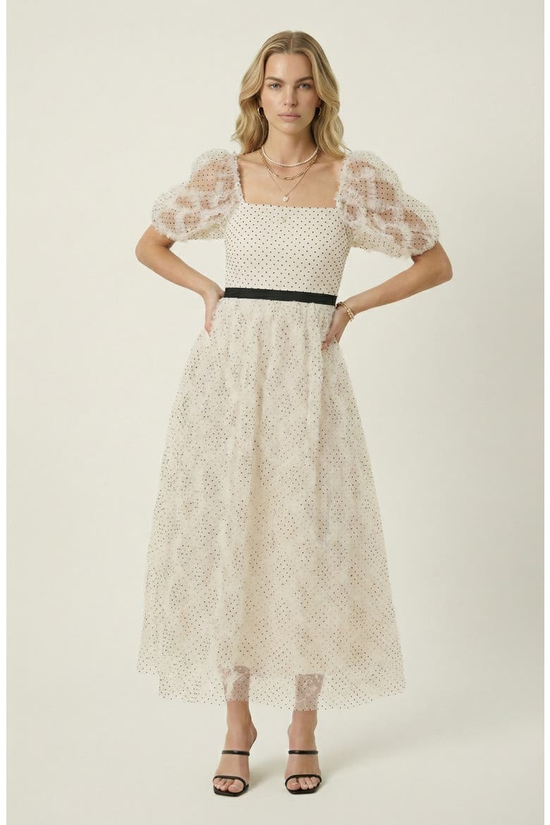 Embroidered Puff Sleeve Square-Neck Midi Dress, Main, color, Ivory