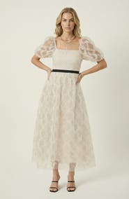 Modenaire Embroidered Puff Sleeve Square-Neck Midi Dress