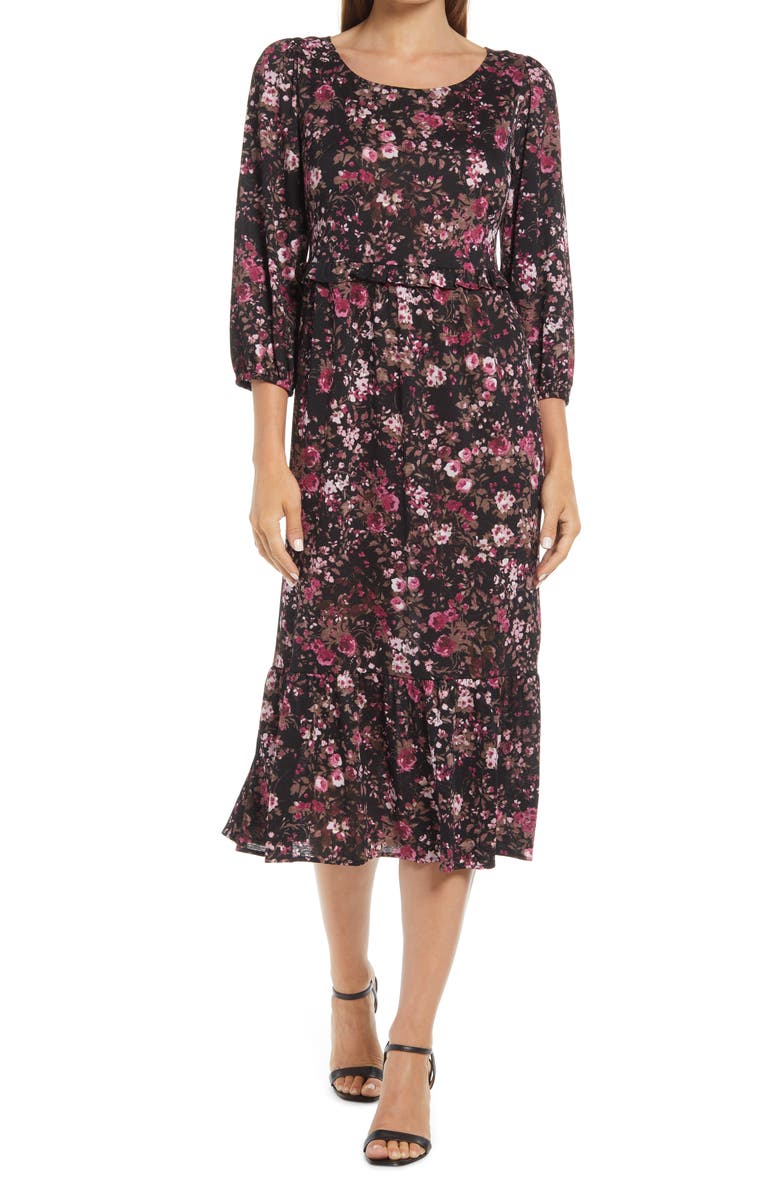 Connected Apparel Floral Long Sleeve Stretch Knit Dress, Main, color,